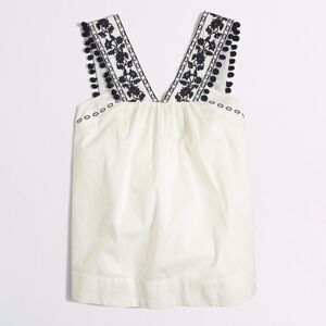 J CREW COTTON TANK TOP FLORAL BLACK EMBROIDERED POM POM BABYDOLL WHITE XS - OBO